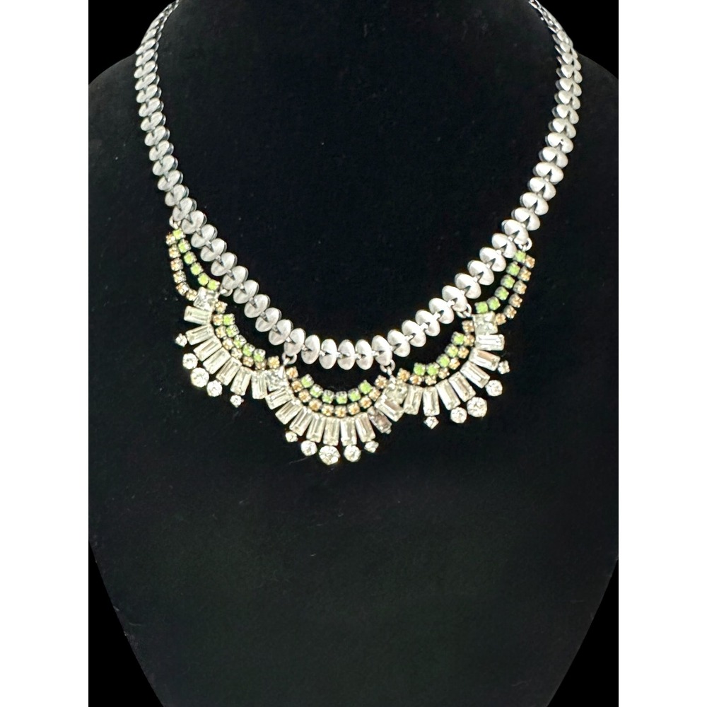 Stella & Dot Belle Necklace Womens OS Silver Green Excellent Crystal Statement